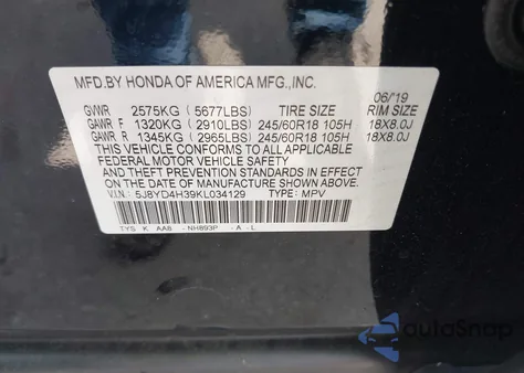 2019 Acura Mdx Standard from USA, damaged, VIN 5J8YD4H39KL034129
